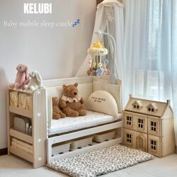 Kerubi Baby Crib Can Be Spliced with a Large Bed, Has a Slope to Prevent Spitting Up, Is Multifunctional, Can Be Raised and Lowered, and Is Movable for Newborn Babies