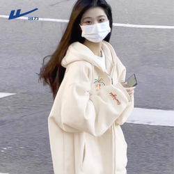 Pull Back to the Past Style Beige Jacket for Female Junior High School Students, 2026 Spring New Model, Super Nice and Lazy Style Hooded Sweatshirt, Early Spring Cardigan