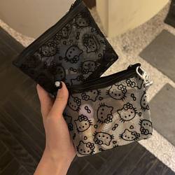Cute Kitty Cat Mesh Cosmetic Bag Transparent Handheld Portable Travel Storage Bag Simple Carry-On Bag for Women