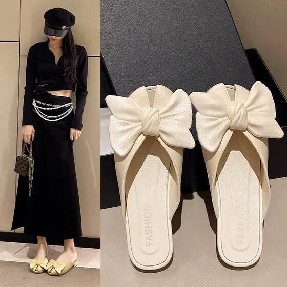 2026 New Korean Style Women's Summer Outerwear Bow Fashion Sandals Internet Celebrity Versatile Fashion Flat Bottom Half Slippers