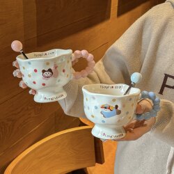 ins Wind Wave Dot Puppy Mug, High-Quality Girl's Cup, Ceramic Couple Water Cup, Cute Children's Breakfast Cup