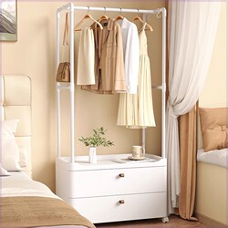 Bedside Table with Integrated Clothes Rack, Household Clothes and Hat Rack, Floor-Standing, Movable, with Bedside Clothes Storage