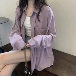 Purple Ice Silk Sun Protection Shirt Jacket for Women, Summer Thin Style, Petite Loose Fit, Outerwear Shirt, Long-Sleeved Chiffon Top