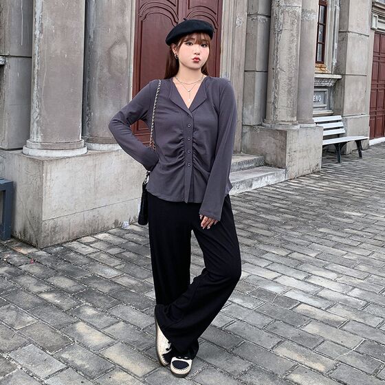 Slightly fat hot tops large size women's gray shirt fat sister shirt underwear fat mm sweater base shirt autumn clothes