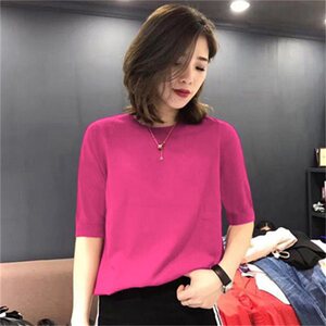 冰丝针织打底衫薄款半高领2021夏季文艺复古短袖t恤女宽松上衣潮