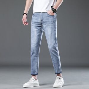 
2025 Summer Thin High Elastic Slim Fit Small Feet 9-Point Jeans for Men Youth Elastic Nine-Point Pants Trendy Men's Wear