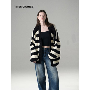 
MISSCHANGE design brand striped lazy style knitted fir women's loose mid-length sweater cardigan jacket