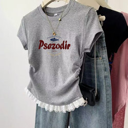 American-Style Gray Lace Short-Sleeve T-Shirt for Women, 2025 Summer New Design, Pleated Short Waist-Cinching Top