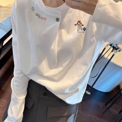 White Long-Sleeve T-Shirt for Women, Early Autumn 2025 New Design, Single-Button Half-Open Collar, Slimming, Covers the Body, Pure Cotton Top