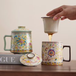 Ru Kiln Ceramic Tea Cup with Enamel Color, Office Cup with Lid and Filter, Personal Household Mug, Water Cup, Business Gift