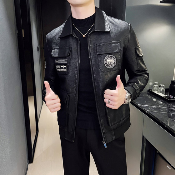 
Haining motorcycle leather jacket men's 2026 spring, autumn and winter new workwear multi-pocket embroidered cracked leather jacket