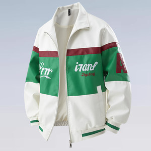 
European station color-blocking motorcycle leather jacket men's riding suit spring and autumn new knight embroidered leather jacket handsome