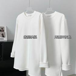 Tall Women's Slit T-Shirt with Fleece Lining, Thickened, White, Loose Fit, Mid-Length, Long-Sleeved Base Shirt, Extended Version for Autumn and Winter