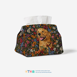 Cat and Dog Floral Art Fabric Tissue Box Desktop Orange Cat Golden Retriever High-Value Tissue Box Home Car Tissue Holder