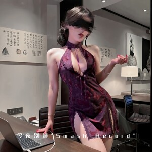 
Beautiful and sexy purple butterfly print retro cheongsam nightgown suit female pure desire uniform slit pajama dress