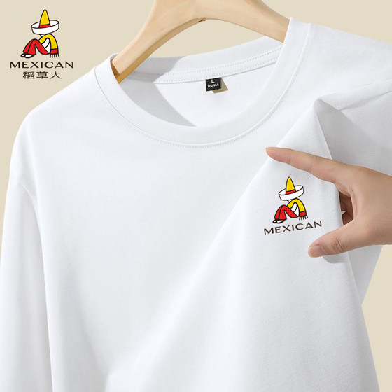 
Scarecrow autumn pure cotton long-sleeved T-shirt men's loose bottoming shirt spring and autumn thin round neck with white top Z