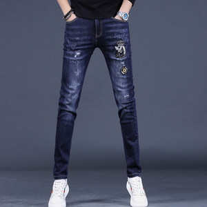 
Dark blue men's embroidered ripped jeans men's autumn style high-end trendy brand slim fit casual pants for small feet