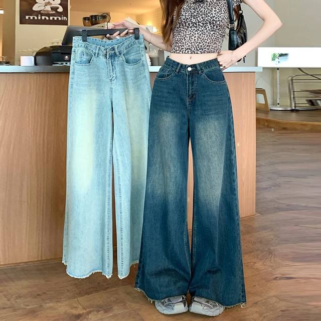 Retro wash furrowed jeans for women in 2025 spring and autumn large size pear shape fat mm loose straight wide-leg trousers