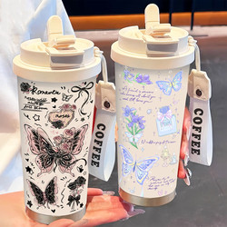 Simple Butterfly Thermos Cup Stainless Steel Portable Double-Drink Coffee Cup 2026 New Model Women's Straw Water Cup High Aesthetic Value