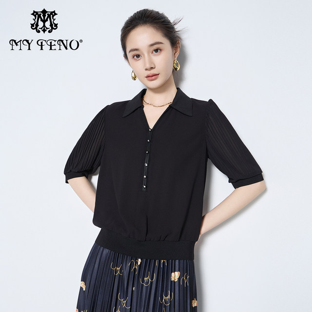 Ma Tiannu 2025 summer new black short-sleeved shirt temperament knitted chiffon shirt women's short top versatile