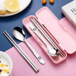 316 Stainless Steel Chopsticks and Spoon Set Tableware for Students, Portable for One Person, Cute Storage Box for Children, Three-Piece Set