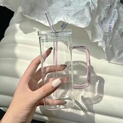 ins Style Square Glass Cup with Handle, Household Coffee Cup, High-Value Water Cup, High Temperature Resistant, Heatable Cup for Women