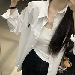 Casual Loose Shirt for Women 2025 Spring/Summer New Style Pony Embroidery Washed Cotton Long-Sleeve Versatile Layering Shirt Sun Protection