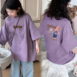 Korean Style Girls' Cartoon Short-Sleeved T-Shirt, Summer Clothing for Older Children, Purple Round Neck, Loose, Stylish and Versatile Top