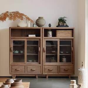 
Old elm sideboard teahouse club furniture wabi-sabi style solid wood storage cabinet sliding door glass storage cabinet