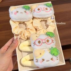 Four-Leaf Clover Lucky Cat Hair Tie Cute Cartoon Expression Cat Hair Band Student Bun Hair Tie Gift