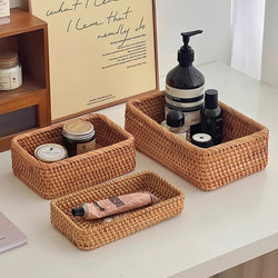 Rattan Desktop Storage Box Rectangular Cosmetic Organizer Miscellaneous Storage Basket ins Style Decorative Ornaments