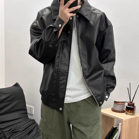 
Spring new American high street casual loose leather jacket windproof and waterproof men's and women's leather jacket tops