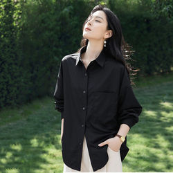 Black High-End Shirt Tops for Women, Spring and Autumn 2026 New Style, Loose and Lazy Style, Mid-Length Casual Shirt Jacket
