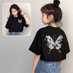 Black Children's Butterfly Short-Sleeve T-Shirt for Girls, 2025 Summer New Style, Trendy and Fashionable Half-Sleeve Top