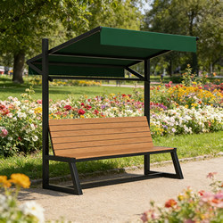 Iron and Plastic Wood Outdoor Bench with Awning, Park Chair, Courtyard Leisure Seat, School and Scenic Area Leisure Chair with Backrest