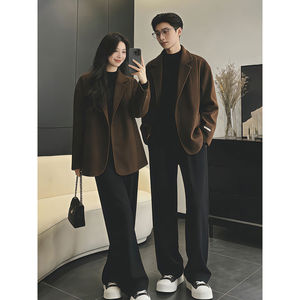 
Brown Korean woolen suit jacket for men and women, autumn and winter British short woolen coat, high-end casual suit