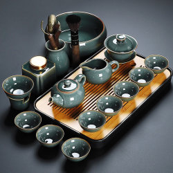 Jingdezhen Ru Kiln Tea Set for Home and Office, Light Luxury High-End Ceramic Teapot and Teacups for Kung Fu Tea Brewing