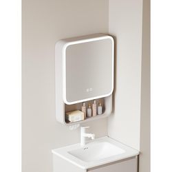 Space Aluminum Bathroom Mirror Cabinet, Smart Mirror Box, Lighted Storage Cabinet, Wall-Mounted Bathroom Mirror with Vanity Mirror and Fitted Sheet