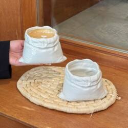 Unusual and Quirky Fabric-Wrapped Ceramic Coffee Cup, Hand-Held Cup for Home Use, High-End Latte Cup, Niche Cup