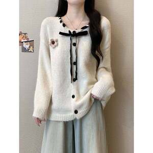 
Hong Kong style bow flower sweater cardigan coat women's spring, autumn and winter new knitted sweater warm fluff top