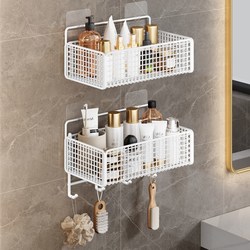 White Bathroom Shelf, No-Drill Wall-Mounted Bathroom Rack, Shower Room Washbasin Storage Rack