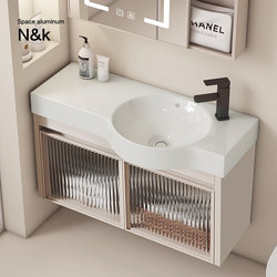 Narrow-Sided Bathroom Cabinet with Countertop and Glass Door, Made of Space Aluminum, Suitable for Small Apartments, Integrated Washbasin and Sink