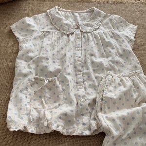 棉花泡泡 米白天蓝波点a类纯棉睡衣女夏全棉双层纱短袖家居服套装