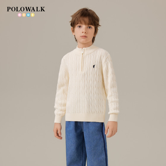 
POLOWALK children's clothing boys' long-sleeved sweater 2025 autumn and winter new sweater simple mid-high collar pullover jacket
