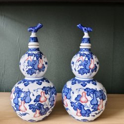 A Pair of Jingdezhen Ceramic Blue and White Gourds (Slight Flaws, with Pinholes)