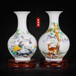 Jingdezhen Ceramic Vase Ornaments for Living Room, a Pair of Crane and Deer Flower Arrangements, Home Decorations, Blue and White Porcelain Vases