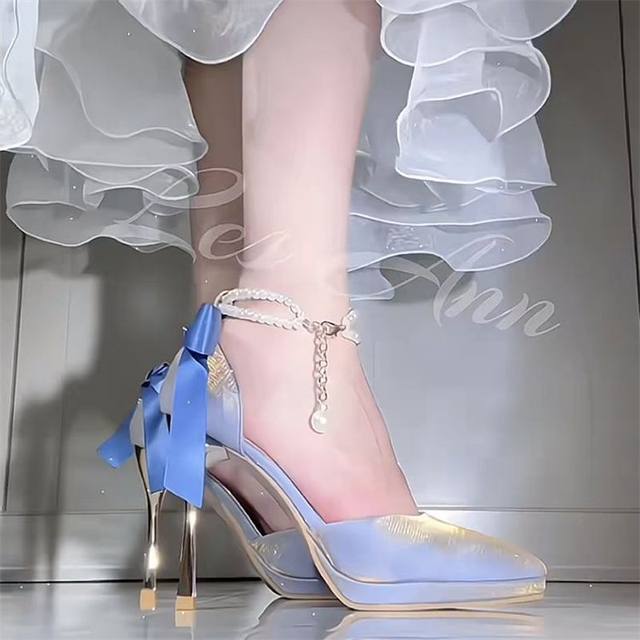 Waterproof platform hollow sandals for women 2025 new style slim heel temperament bow pearl chain socialite commuting high heels