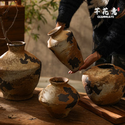 Jingdezhen Ceramic Vase for Home Living Room, Vintage Wabi-Sabi Style Flower Vessel, Zen-Inspired Small Clay Pot, Antique Ornament
