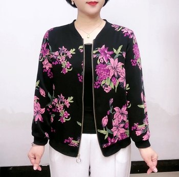 Fashionable mother-wear chiffon printed cardigan long-sleeved jacket 2024 spring new large size loose versatile baseball uniform for women
