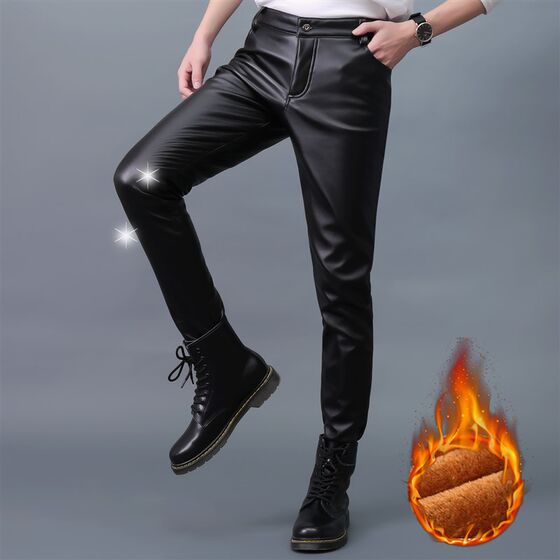 Autumn and winter men's elasticity plus velvet M Korean version of slim leather pants tights waterproof windproof leather pants summer
